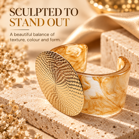 Zarini Gold-Tone Beige Marble Cuff Bracelet for Women | Textured Statement Kada