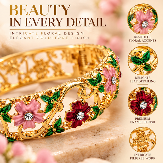 Zarini Gold-Tone Pink & Red Floral Enamel Bangle for Women