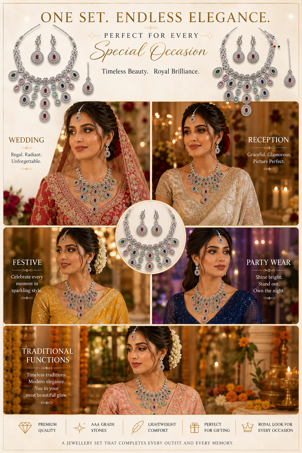 Zarini Royale Multicolor AD Stone Necklace Set with Earrings & Maang Tikka