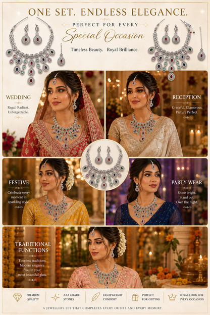 Zarini Royale Multicolor AD Stone Necklace Set with Earrings & Maang Tikka