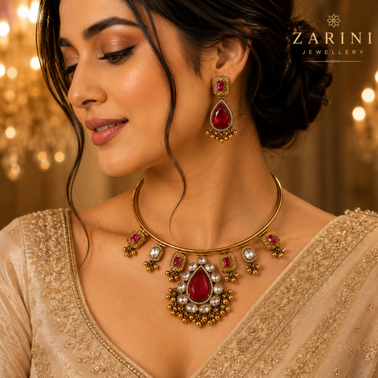 Zarini Aaradhya Ruby Kundan Hasli Necklace Set