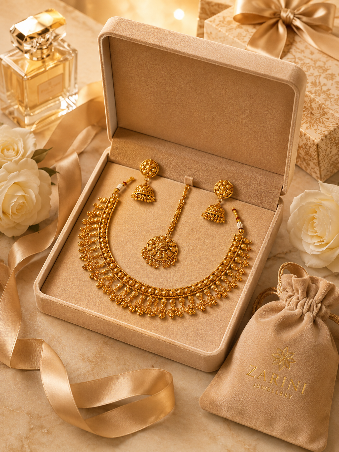 Antique Gold Beaded Choker Set with Maang Tikka