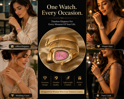 Zarini Luxe Pink Crystal Wrap Bracelet Watch for Women | Gold-Tone Designer Statement Timepiece