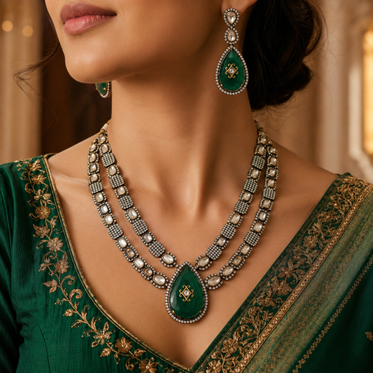 Zarini Zaira Emerald Double-Layer Polki Necklace Set