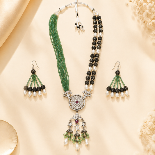 Zarini Vanya Emerald Pearl Statement Necklace Set