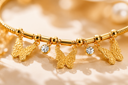 Gold Plated Butterfly Charm Bracelet with Crystal Drops – Anti-Tarnish Finish