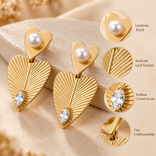 Zarini Gold-Tone Pearl Heart & Leaf Drop Earrings for Women