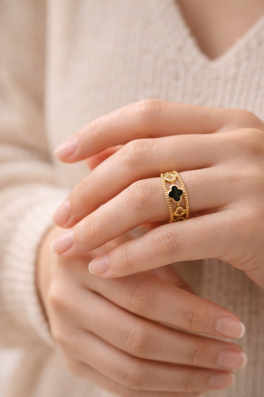 Zarinis Gold Plated Clover Ring Anti Tarnish Open Band Floral Design Highlighting Intricate Textured Gold Band