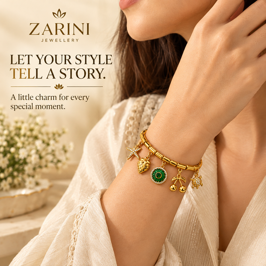 Zarini Gold-Tone Green Crystal Charm Bracelet for Women | Starfish & Turtle Charm Bracelet