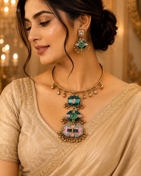 Zarini Zoya Enamel Collar Necklace & Earrings Set