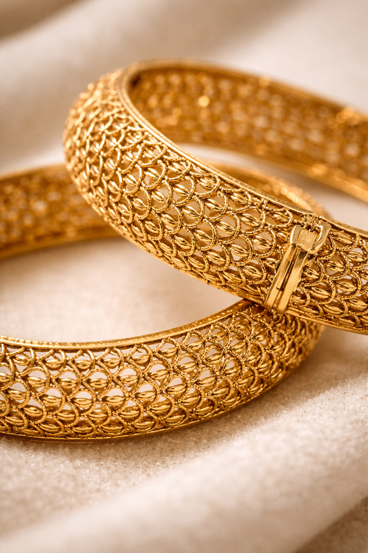 Zarini Gold-Toned Filigree Kada Bangles with Intricate Floral Design – Set of 2