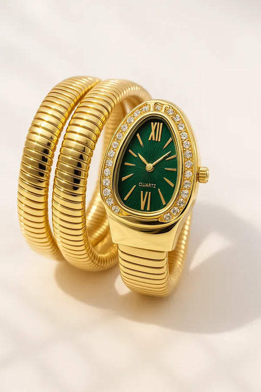 Zarini Luxe Crystal Gold Wrap Bracelet Watch for Women | Emerald Blue Oval Dial Designer Timepiece