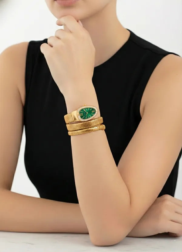 Zarini Luxe Crystal Gold Wrap Bracelet Watch for Women | Emerald Blue Oval Dial Designer Timepiece