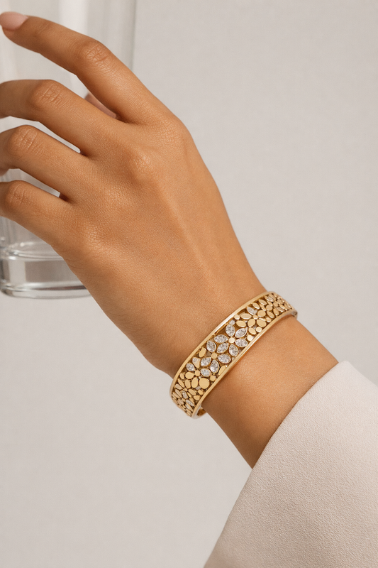 Gold Plated CZ Studded Anti Tarnish Butterfly In Center Bracelet Close Up Of Gold Plated Finish
