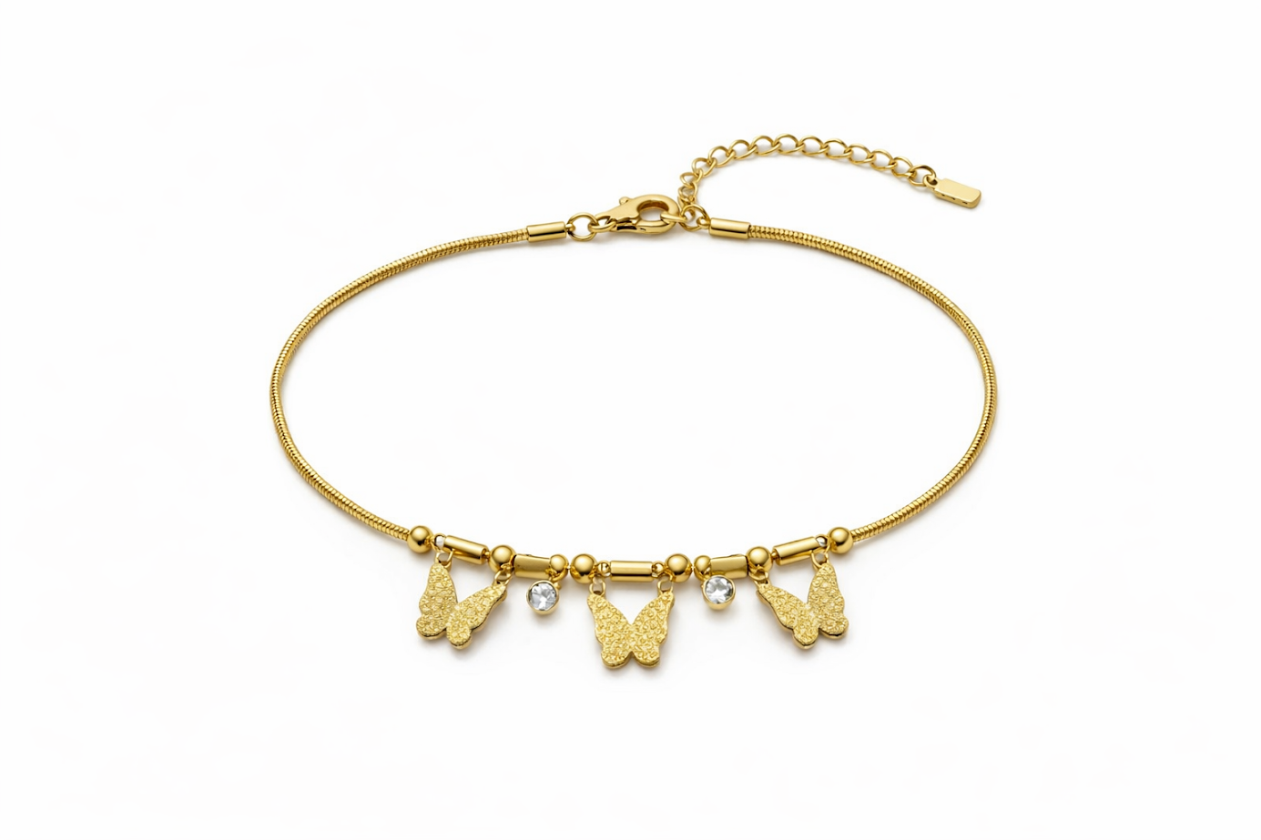 Gold Plated Butterfly Charm Bracelet with Crystal Drops – Anti-Tarnish Finish