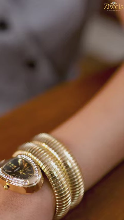 Zarini Luxury Gold-Tone Snake Wrap Bracelet Watch for Women | Crystal-Studded Dial | Free Size