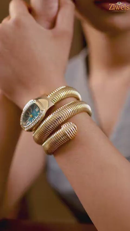 Zarini Luxe Crystal Gold Wrap Bracelet Watch for Women | Teal Blue Oval Dial Designer Timepiece