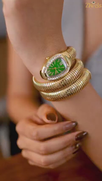 Zarini Luxe Crystal Gold Wrap Bracelet Watch for Women | Emerald Blue Oval Dial Designer Timepiece