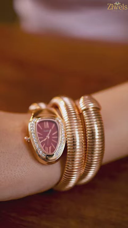 Zarini Luxe Crystal Gold Wrap Bracelet Watch for Women | Maroon Oval Dial Designer Timepiece