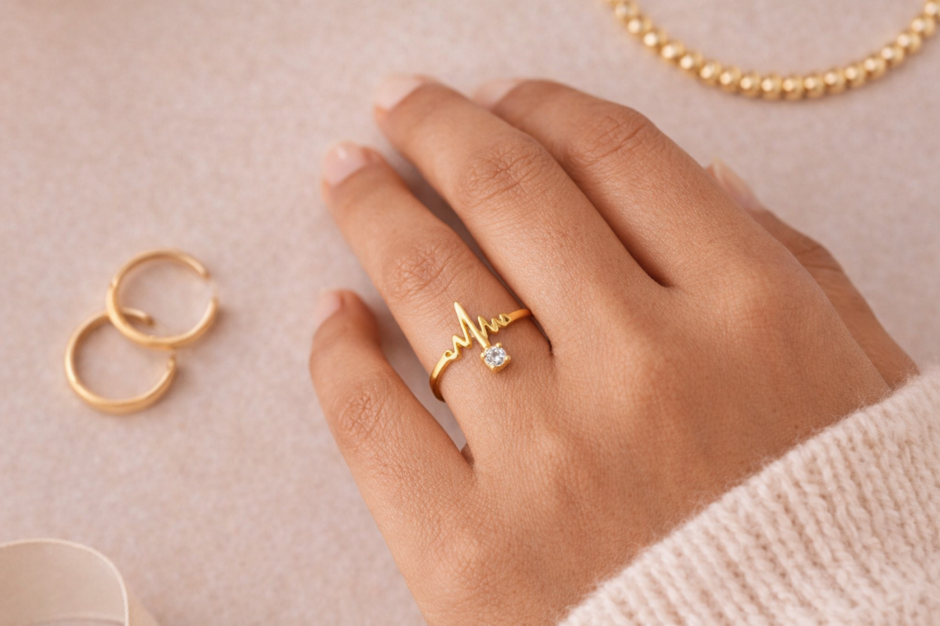 Zarini Heartbeat Ring – Gold Plated Anti-Tarnish Design with CZ Stone