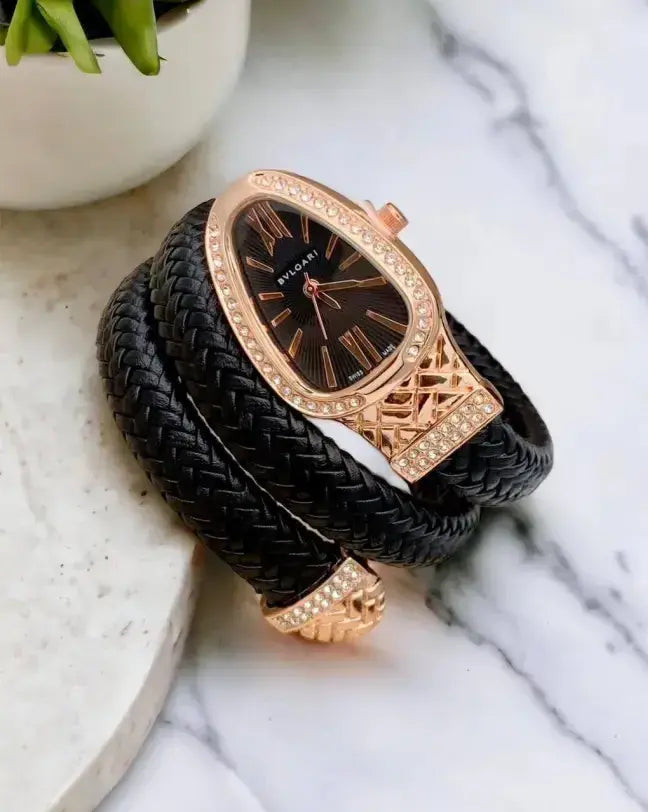 Zarini Luxe Crystal Black Woven Wrap Bracelet Watch for Women | Gold-Tone Designer Oval Dial
